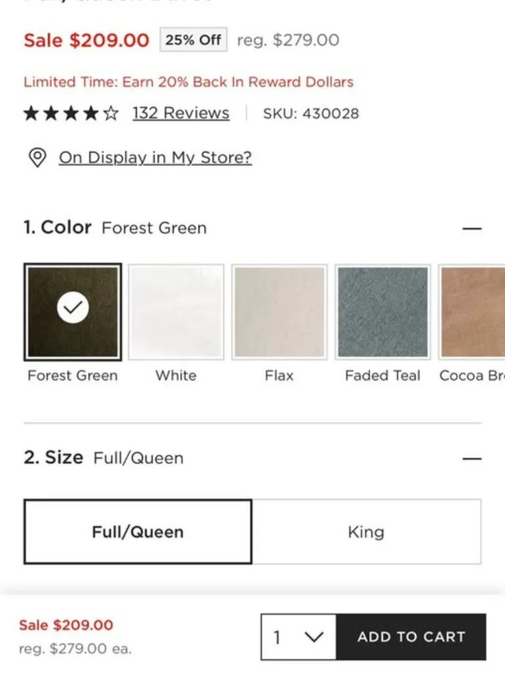 NEW CB2 Forest Green QUEEN 100% Linen Duvet Cover ONLY. NO SHAMS